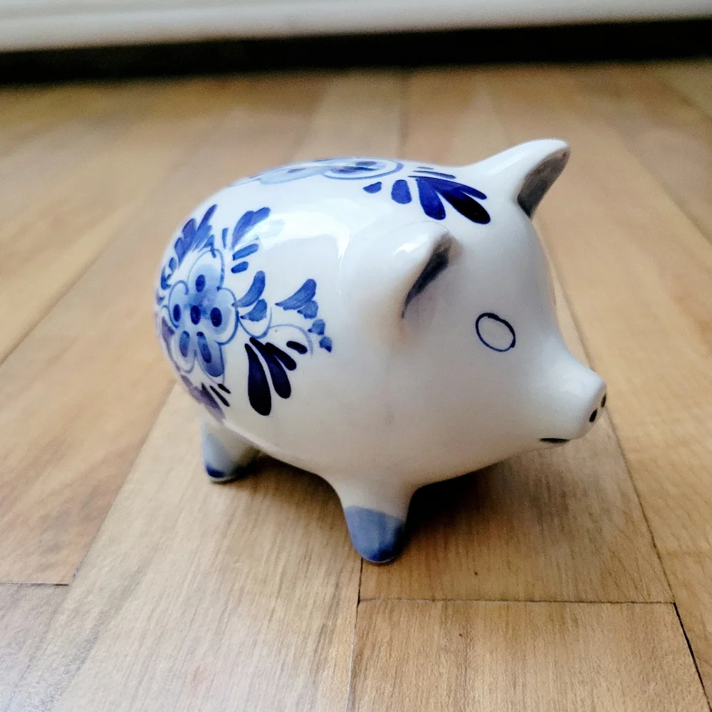 Vintage Handmade Delft Pottery Small Floral & Nautical Ship Dutch Piggy Bank